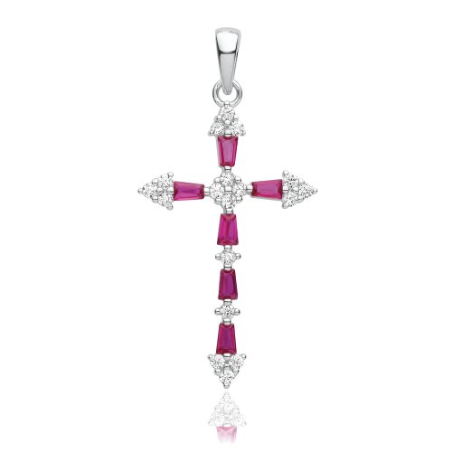Silver Rhodium Plated Cz Cross Pendant Red 