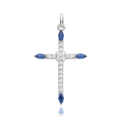 Silver Rhodium Plated Cz Cross Pendant Blue 