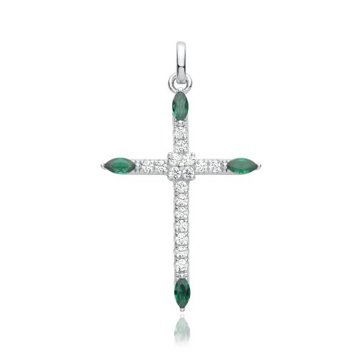 Silver Rhodium Plated Cz Cross Pendant Green 