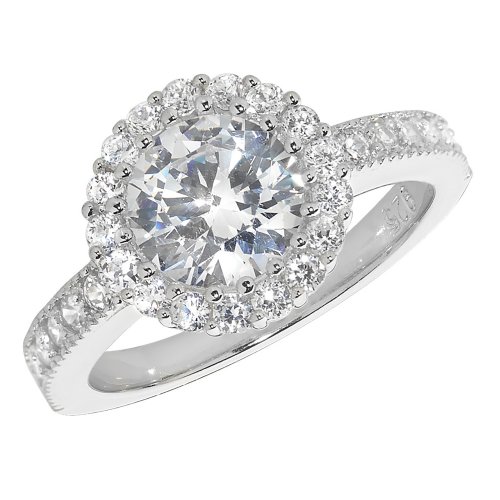 Silver Cushion Set Halo Cz With Split Shoulders Ring 