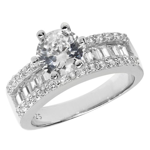Silver Single Stone Cz With Baguette Shoulders Ring 