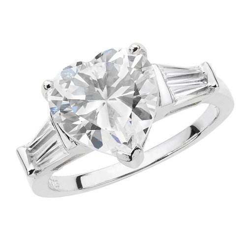 Silver Heart Cz With Baguette Tapper Ring 