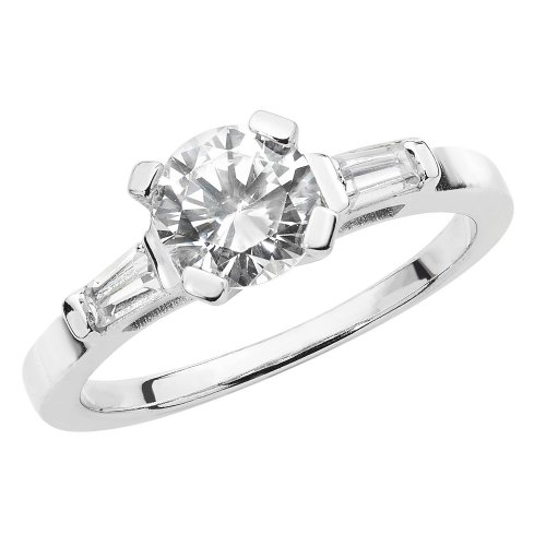 Silver Cz Solitaire With Baguette Shoulders Ring 