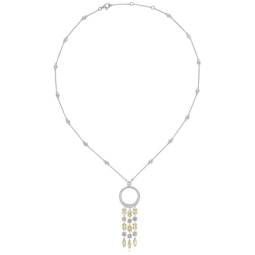 Yellow Oval And Marquise Long Tassles Circle Pendant On Stone Set Chain LNG0012Y