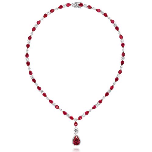 Red Pear Shape Halo Style And Round Claw Set Necklet LNG0009R