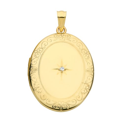 9ct Gold Engraved Oval Diamond Set Locket 