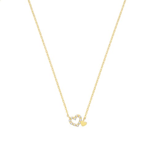9ct Gold Plain And Cz Double Heart Necklet 