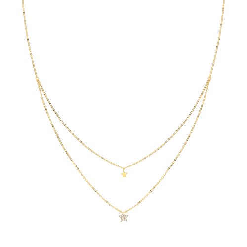 9ct Gold Plain And Cz Star Double Chain Necklet 